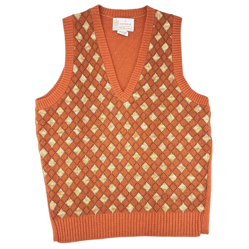 Vintage Sears Kings Road Knitwear Argyle Sweater Vest Orange Men Small 1970s Tan